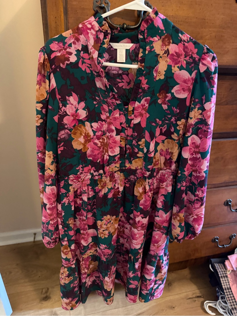 London Times Teal Floral Tiered Dress with Pink & Mustard Accents